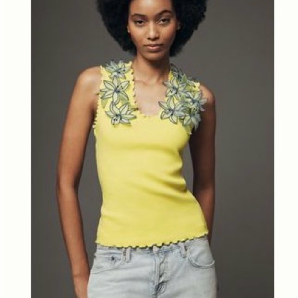 Anthropologie Yellow Embellished Floral Tank Top